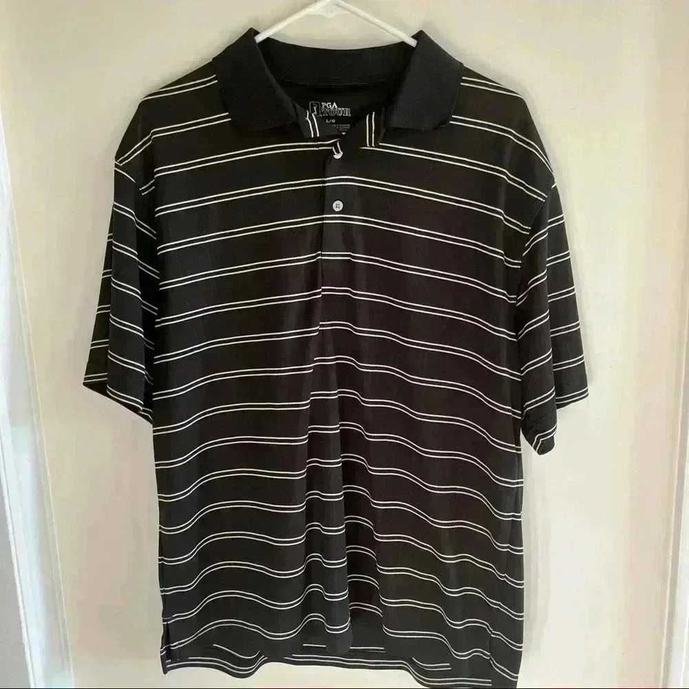 PGA mens striped black and white polo golf shirt size Large